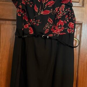 Alyx Black Midi Dress with Red Floral Bodice and Slim Belt